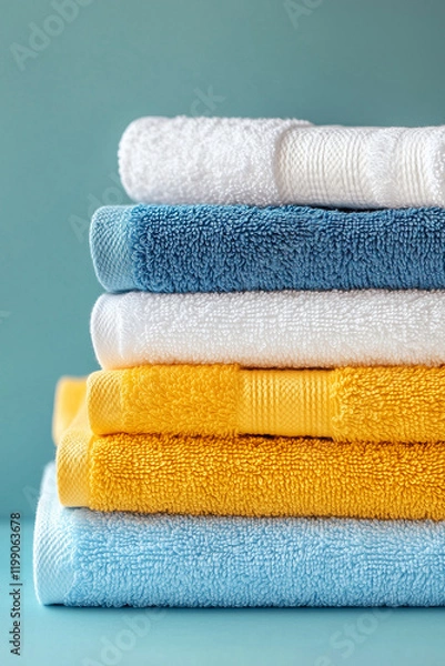 Fototapeta Neatly stacked, colorful towels on a bright background. Ideal for hygiene and cleanliness visuals.