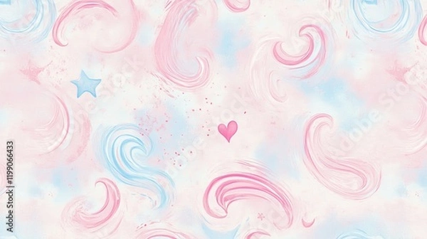 Fototapeta Dreamy pastel swirls with star and heart pattern, blue pink abstract background