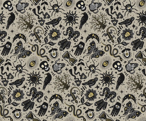 Fototapeta gothic witchy spooky moody halloween stuff seamless pattern, hand drawn vector illustration in greige and black gold