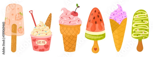 Obraz Desserts, ice cream, sweet eating set. Yummy street food, confectionery snacks. Cone waffle with filling, ice cream balls in cup, ice cream in cone. Vector illustrations isolated on white background