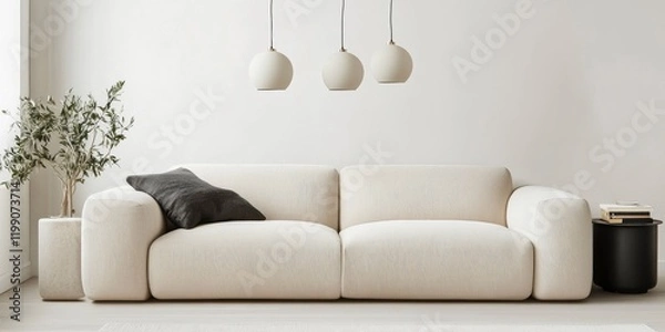 Fototapeta A cream colored sofa with three hanging lights above it, against an empty white wall