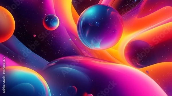 Fototapeta Abstract colorful spheres and fluid shapes.  Vibrant digital art.