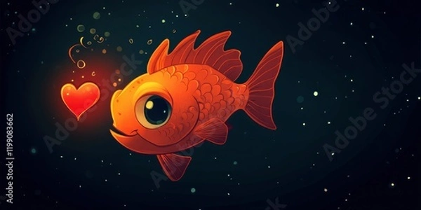 Fototapeta A cute anglerfish with a glowing heart on a dark background, a glowing red color scheme.