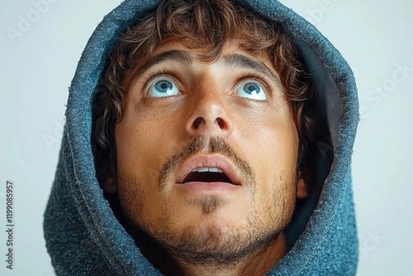 Fototapeta A young man in a hoodie gazes upwards, expressing curiosity or wonder.