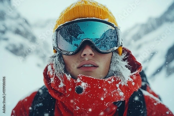 Fototapeta A close-up of a skier in snowy mountains, showcasing winter sports gear and a snowy environment.