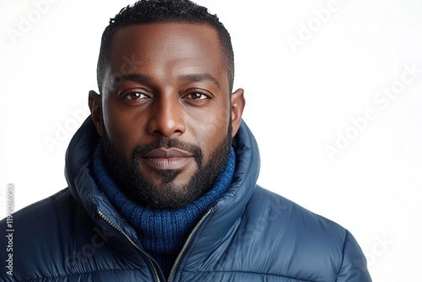 Fototapeta A portrait of a man wearing a blue jacket and turtleneck, exuding confidence and style.