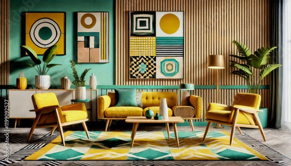 Obraz Retro Modern Living Room with Vibrant Colors and Geometric Design