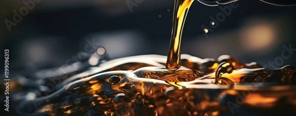 Obraz Golden motor oil is being poured into a car engine. The mechanical components are partially visible in the background, illuminated by warm lighting, creating an industrial yet focused environment