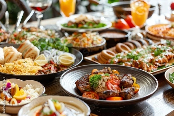Fototapeta Plates overflowing with flavorful middle eastern dishes, showcasing a vibrant culinary experience