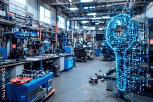 Fototapeta Futuristic Digital Key Representing Cybersecurity Solutions in a Modern Industrial Workshop Filled with Advanced Technology and Machinery