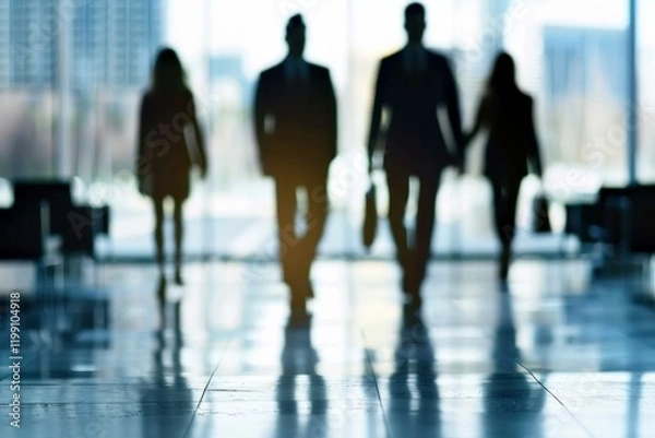 Fototapeta Four businesspeople walking in the lobby of a modern office building