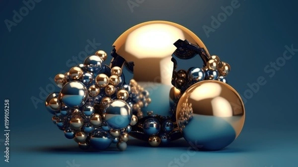Fototapeta Abstract Gold and Blue Metallic Spheres Cluster Composition Modern Art 3D Render