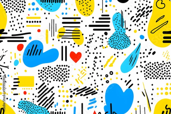Fototapeta Vibrant abstract seamless pattern.  Bold colors, hand-drawn shapes, and playful design elements create a fun, energetic texture. Perfect for textile, web, or print projects.