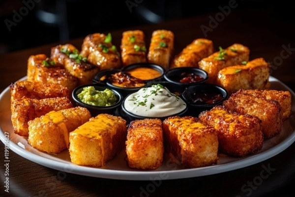 Fototapeta Appetizer Platter with Crispy Potato Bites and Dips
