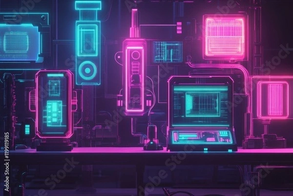 Fototapeta Neon-lit futuristic workspace with advanced technology and glowing screens