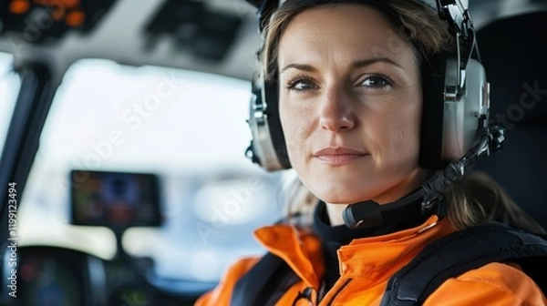 Obraz A confident female pilot wearing a professional headset and vibrant orange jacket sits in the cockpit of a helicopter, surrounded by advanced flight controls.