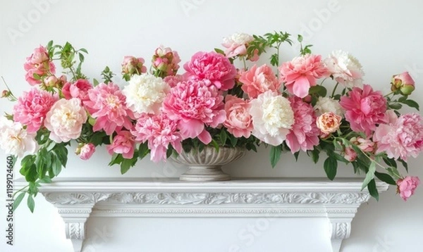 Obraz Home interior floral decor with pink peonies on shelf. Front view blank mock up of photo frame.