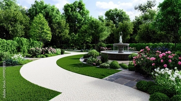 Obraz Serene garden pathway with fountain and vibrant flowers.