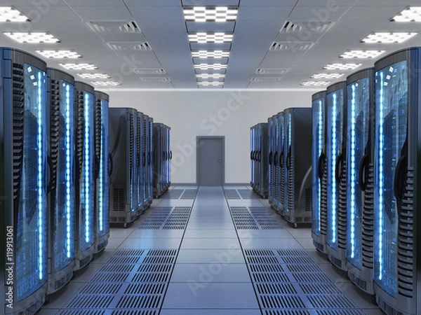 Obraz Network and internet communication technology concept, data center interior, server racks with telecommunication equipment in server room