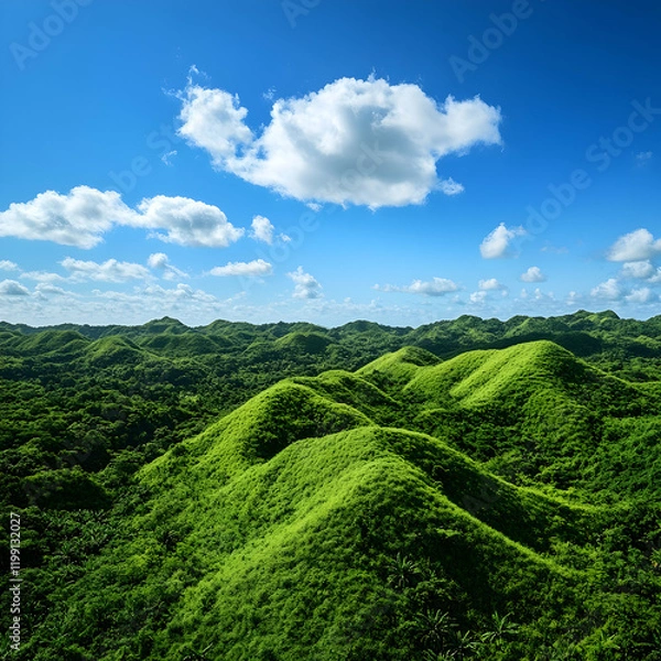 Fototapeta Rolling hills covered in lush greenery, with a brilliant blue sky and a few fluffy clouds floating above