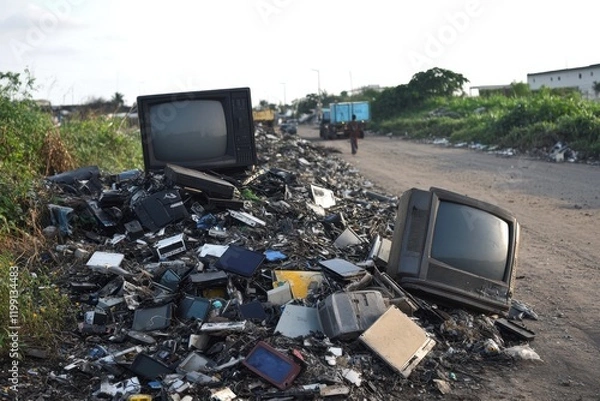 Fototapeta Roadside dump of electronic waste urban environment environmental impact pollution awareness deteriorating landscape sustainable solutions for waste management