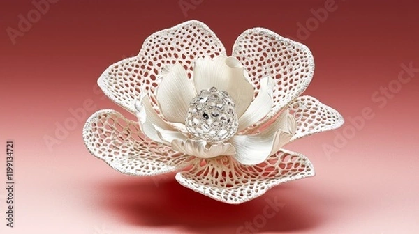 Obraz Intricate white flower sculpture featuring a sparkling crystal centerpiece on a vibrant red background
