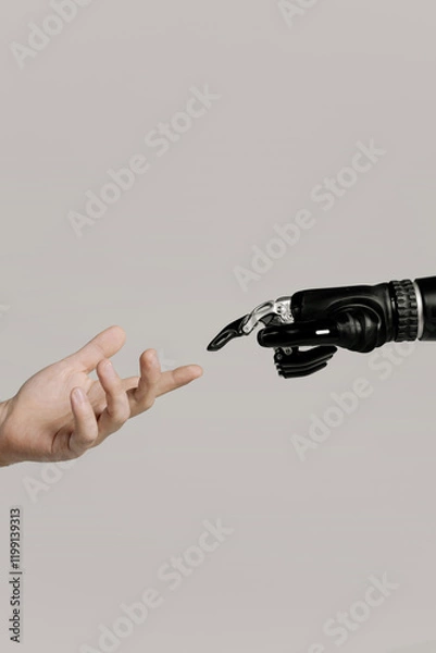 Obraz  man and bionic arm a robot hand touching a mans hand