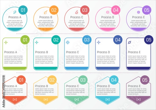 Fototapeta 3 sets of 5 options business infographic template, theme of simple flat shape design in different style including circle, rectangular and hexagon