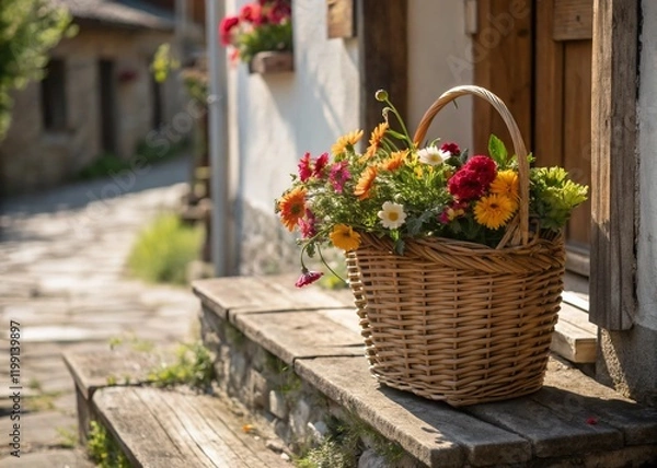 Obraz Rustic Still Life: Wicker Basket Overflowing with Fresh Flowers