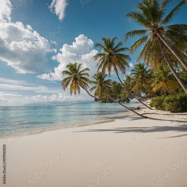 Fototapeta Beautiful tropical beach banner. White sand and coco palms travel tourism wide panorama background concept.

