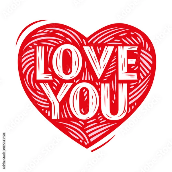 Fototapeta Red heart with pink lines and letters LOVE YOU. Decorative illustration in linocut style. Vector love concept. Good for greeting postcard, romantic event, Valentine's Day. 
