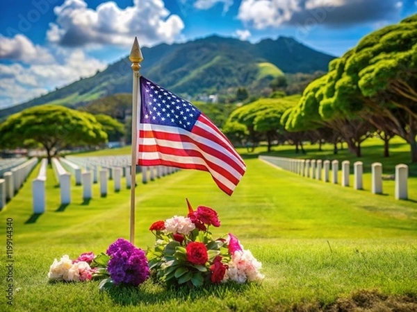 Fototapeta Memorial Day at Punchbowl Cemetery, Honolulu, Hawaii - Diamond Head View