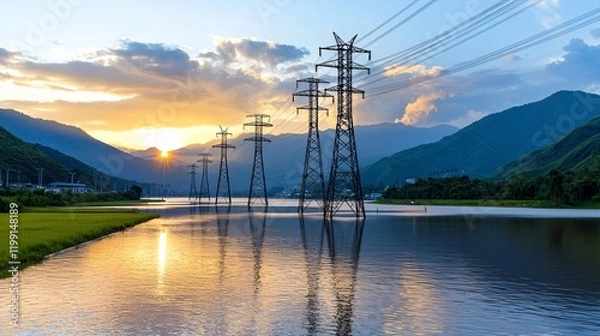 Fototapeta Electrical tower safety concept. Scenic landscape with power lines at sunset