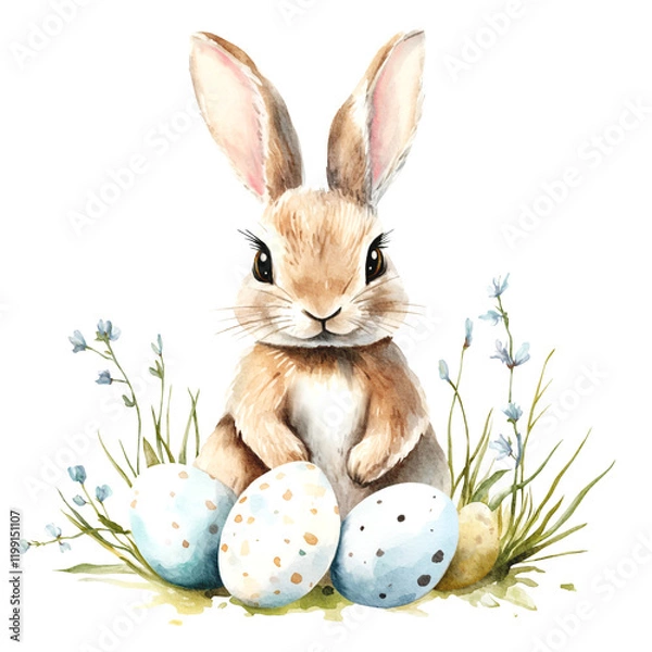 Fototapeta Easter bunny with painted eggs, watercolor illustration for prints, stickers, mugs, stamps, sublimation. Cute watercolor bunny on a white background
