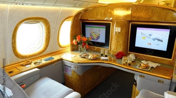 Fototapeta A luxurious first-class cabin with spacious seats and personal screens.