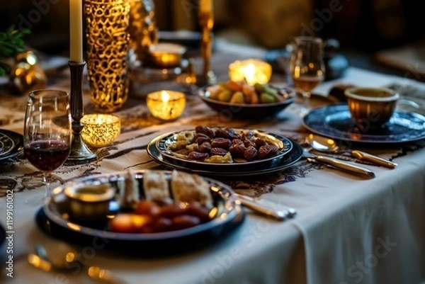 Fototapeta dining table with elegant warm ambiance, various dishes, plate of dates and other appetizers, decorated with ornate candle holders and lit candles. festive celebration and feast, Iftar concept.