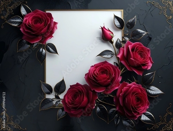 Fototapeta Deep ruby red roses and black leaves with gold outlines, paired with a dark textured background. 