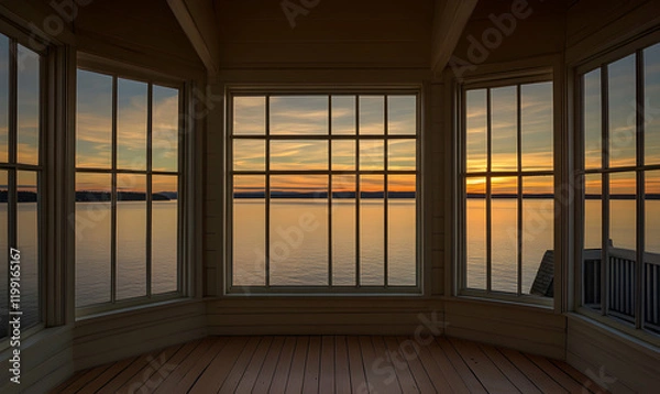 Fototapeta Serene sunset view from a bay window, showcasing tranquil waters and warm evening light.  Perfect for relaxation and travel themes.