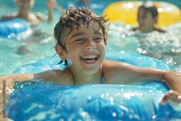 Fototapeta Happy kids swimming and playing in the pool in the summer. Kids pool party. Sunny summer un with young boy with inflatable ring and children splashing in the water