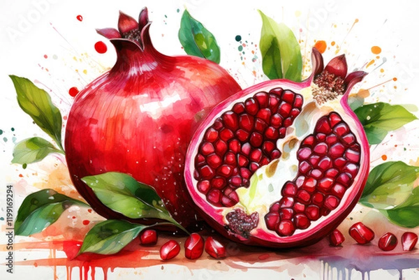 Obraz Watercolor red pomegranate with green leaves