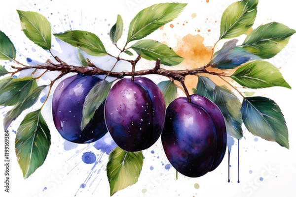 Obraz Watercolor dark red plums with green leaves