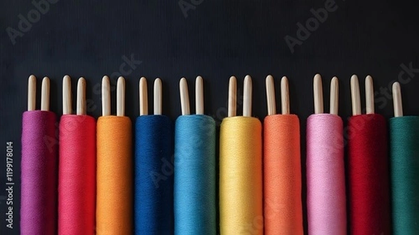 Fototapeta Colorful thread spools arranged neatly on dark background