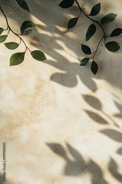 Fototapeta Smooth beige stone surface features soft shadows of green leaves, creating an organic and fresh atmosphere. Ideal for minimalist designs and text overlays, enhancing creativity