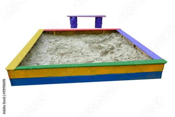 Obraz Sandbox and bench on a white background