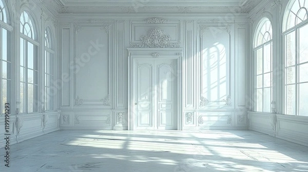 Fototapeta A vintage white room with a door and window exudes a classic, serene atmosphere in this 3D rendering. 