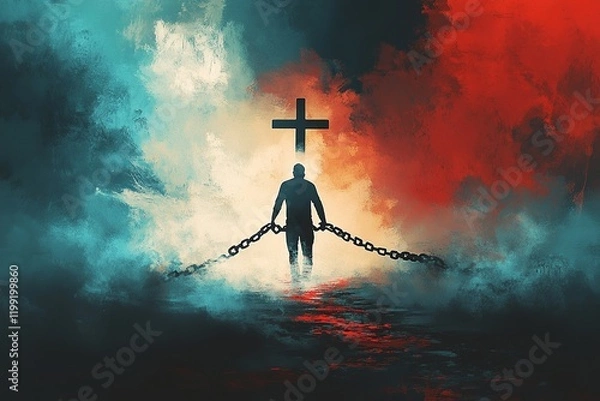 Fototapeta A powerful representation of a man breaking free from chains of sin, stepping into a bright future. A Christian cross at the pinnacle symbolizes faith and salvation.

