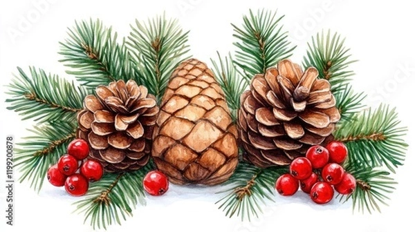 Fototapeta Watercolor Christmas arrangement with pine cones and berries.