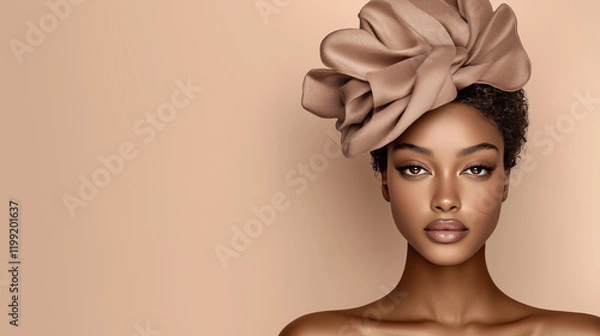 Obraz Beauty Woman with elegant soft Make-up. Luxury Fashion Portrait in Mocha Mousse Colour, Color Trend 2025, Pantone 17-1320, Artistic Photography, Radiant Skin, Neutral Tones
