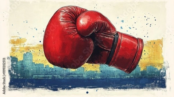 Fototapeta Vibrant red boxing glove in motion against a colorful urban skyline backdrop