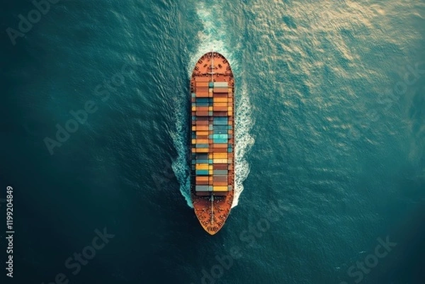 Obraz Aerial view of a cargo container ship navigating open waters maritime trade drone photography ocean environment shipping concept